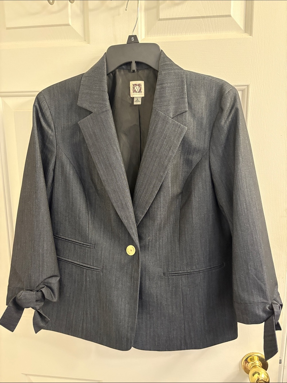 Anne Klein Dark Navy Pinstripe Single-Button Blazer with Tie Cuffs